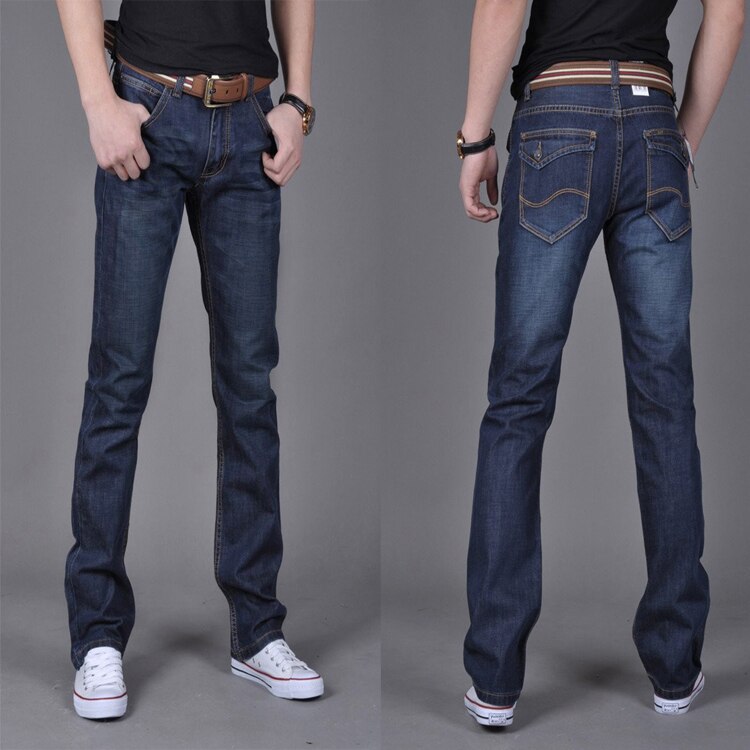 Classdim mænds lige jeans denim marineblå solid lange jeans mandlige klassiske denim jeans