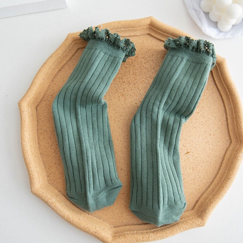 Japanese Style High School Students Loose Long Socks Solid Lacework Frilly Ruffle Socks Sweet Girls Kawaii Cute Woman Socks Sox: Dark Green