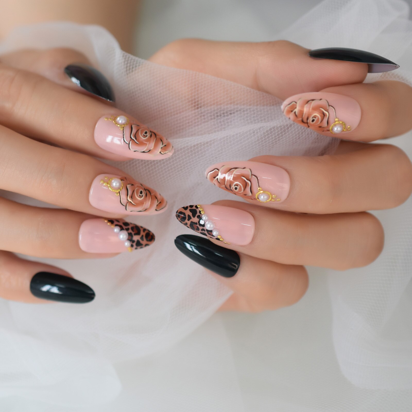 Rose negle tryk på negle mandel medium-korte fingernegle spidser flase nails art forsyninger til professionelle echiq negle 24 stk.