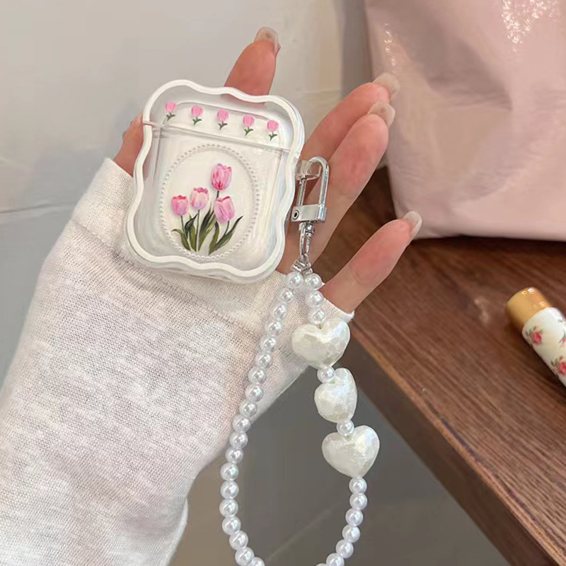 Koreanskt sött hörlursfodral med 3d rosa stjärnor och vågig kant till airpods 1 2 3 med kärlekshjärta och pärlhänge, mjukt fodral till airpods pro 2: S / Älskling
