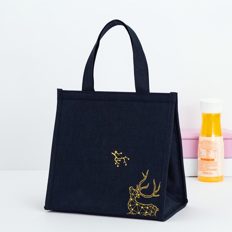 Chinese Red Fuku Deer Tote Waterproof Oxford Cooler Bags Portable Zipper Thermal Lunch Bags For Women Lunch Box Tote Food Bags: Navy Blue S