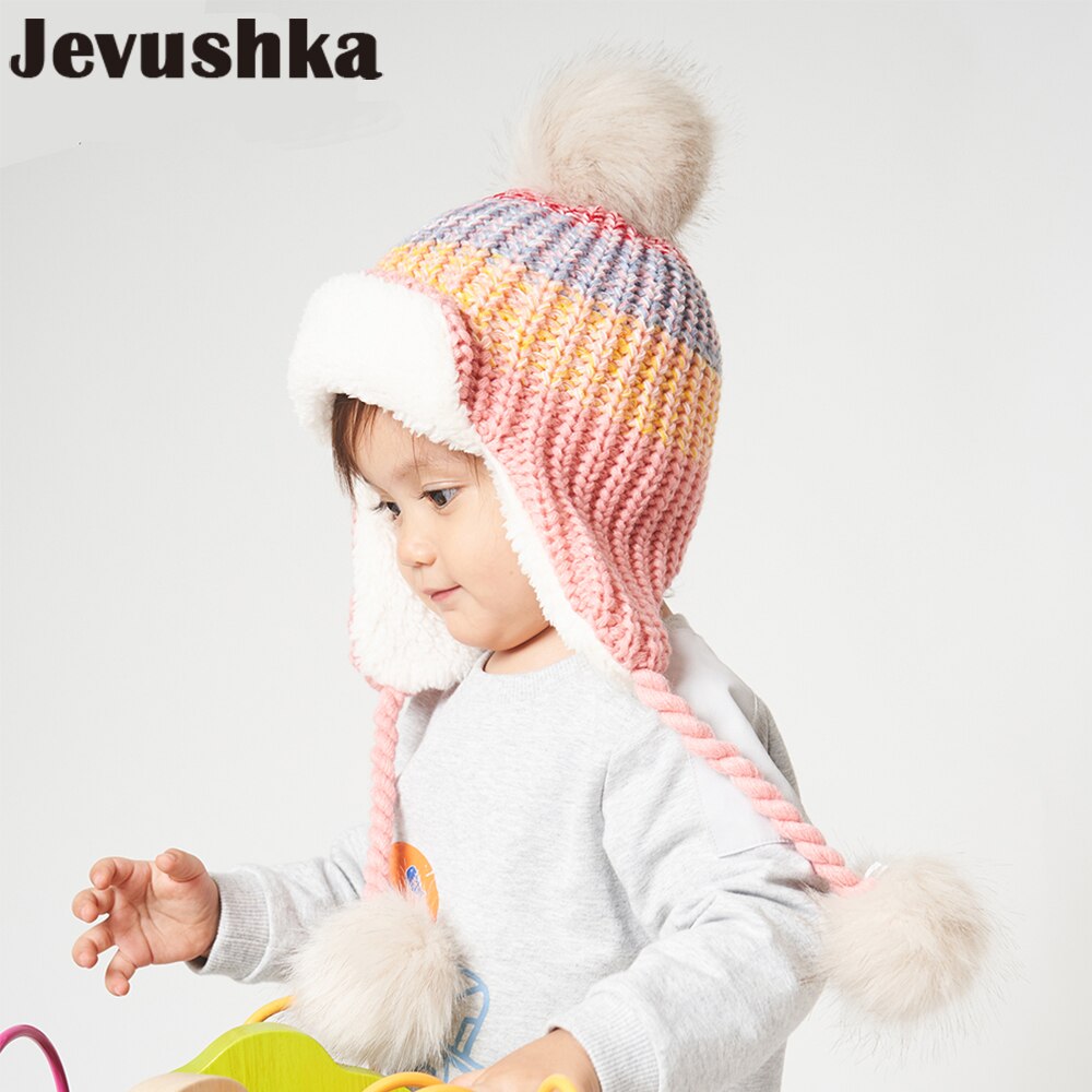 Baby vinter pompon hue strik børne hue til drenge og piger med fleece foring bomber caps til børn