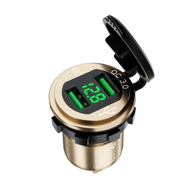 Quick Charge 3.0 Dual USB Charger Socket Waterproof Aluminum Power Outlet Fast Charge with LED Voltmeter for 12V/24V Car Boat: Gold