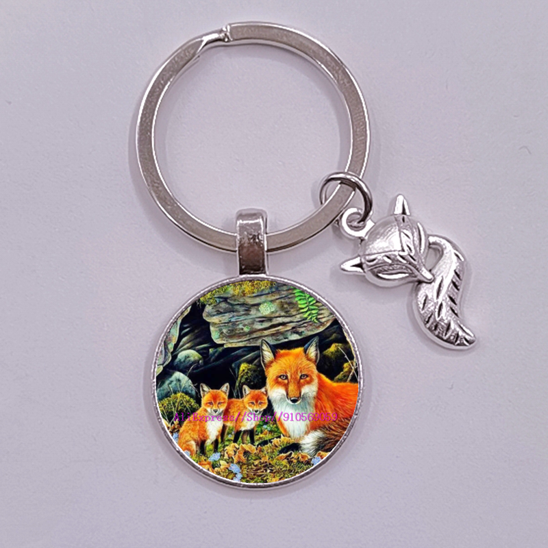 Porte-clés en verre, renard et fleur de dessin animé pour femmes, joli Animal coloré pour filles: Café
