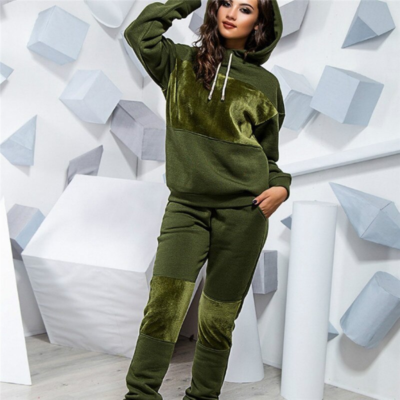 Kvinner vinter damesett treningsdress helermet hettegenser lommer bukser dress todelt sett antrekk sweatsuit