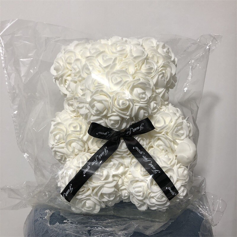 25cm Artificial Rose Teddy Bear Eternal Flower Bubble Bear Handmade Roses Bear Valentine's Day Wedding Bithday for Women: White