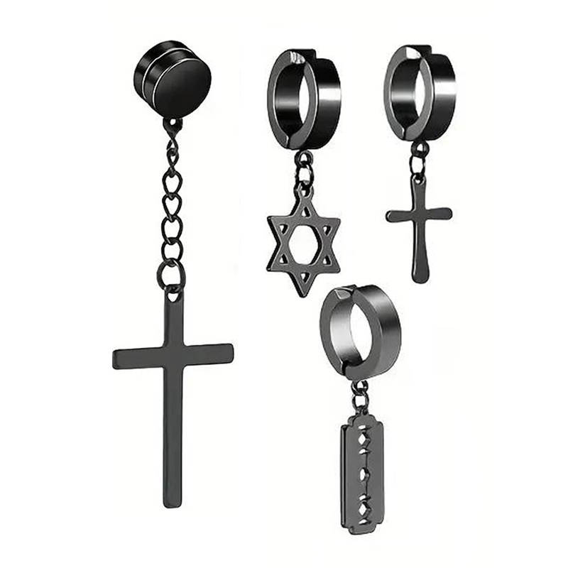 Conjuntos de aretes falsos con imán de acero inoxidable para hombre, conjunto de estrella relámpago cruzado punk, 2-7 Uds.: Chapado en cobre envejecido