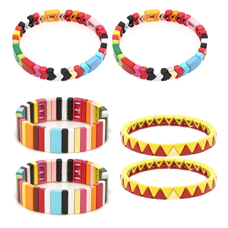 Boheemse elastische stretch kleurrijke tegel emaille rechthoekige armband stapelbare emaille regenboog bedel bangle armband sieraden