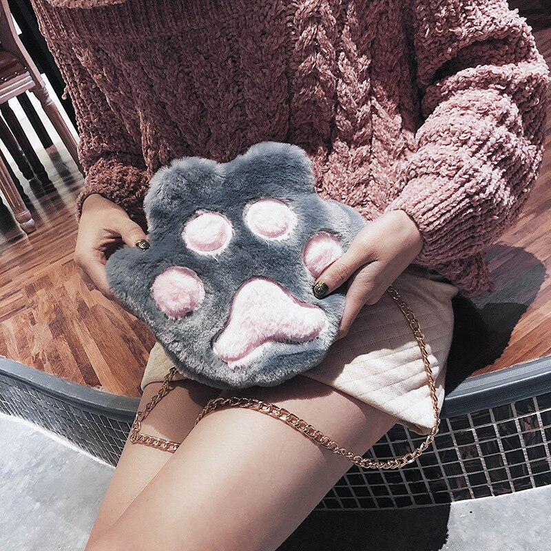 Cartoon herfst winter lief meisje casual pluche schattige kattenpoot metalen ketting crossbody tassen dames dame pluizige schoudertas populair  q5
