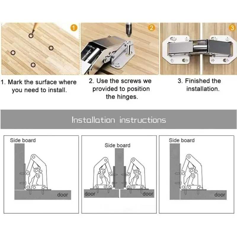 Bisagras de gabinete de 90 grados sin agujeros, bisagras de amortiguación para puerta de armario, accesorios de herramientas de herrajes para muebles plateados, 2/10 Uds.