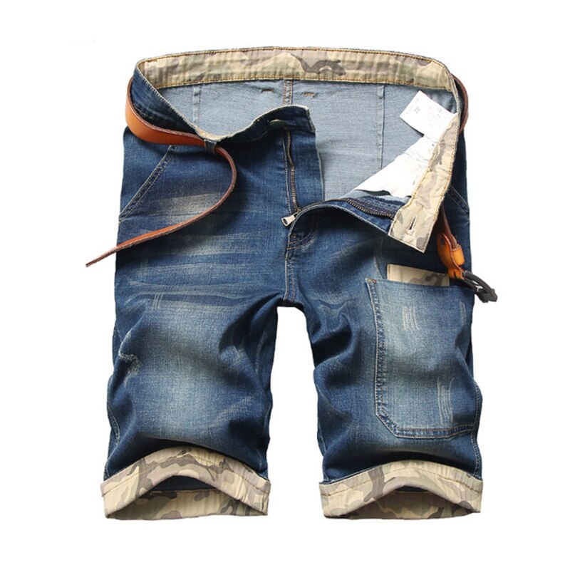 Summer men's large size denim shorts stitching male large size knee length straight denim shorts 130kg