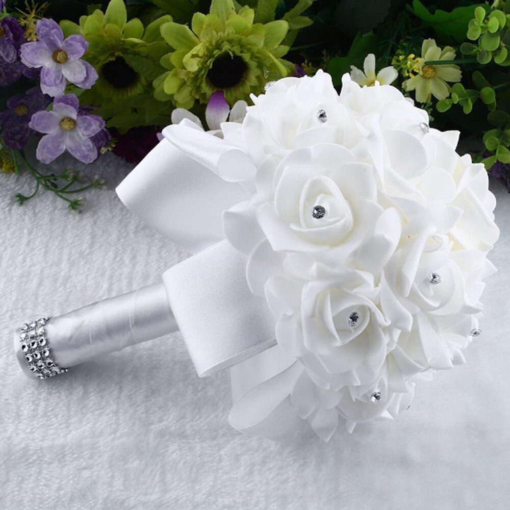1Piece Cheap Bridesmaid Wedding Decoration Foam flowers Rose Bridal bouquet White Satin Romantic Party Garden bouquet#Y5