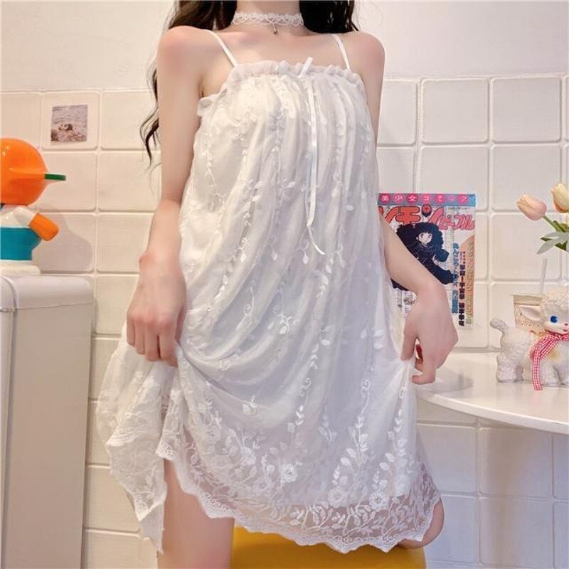 Nightgowns Women Summer Square Collar Feminine Sleeveless Baggy Cozy Lace Preppy Style Girlish Knee-length Homewear Chic Newest