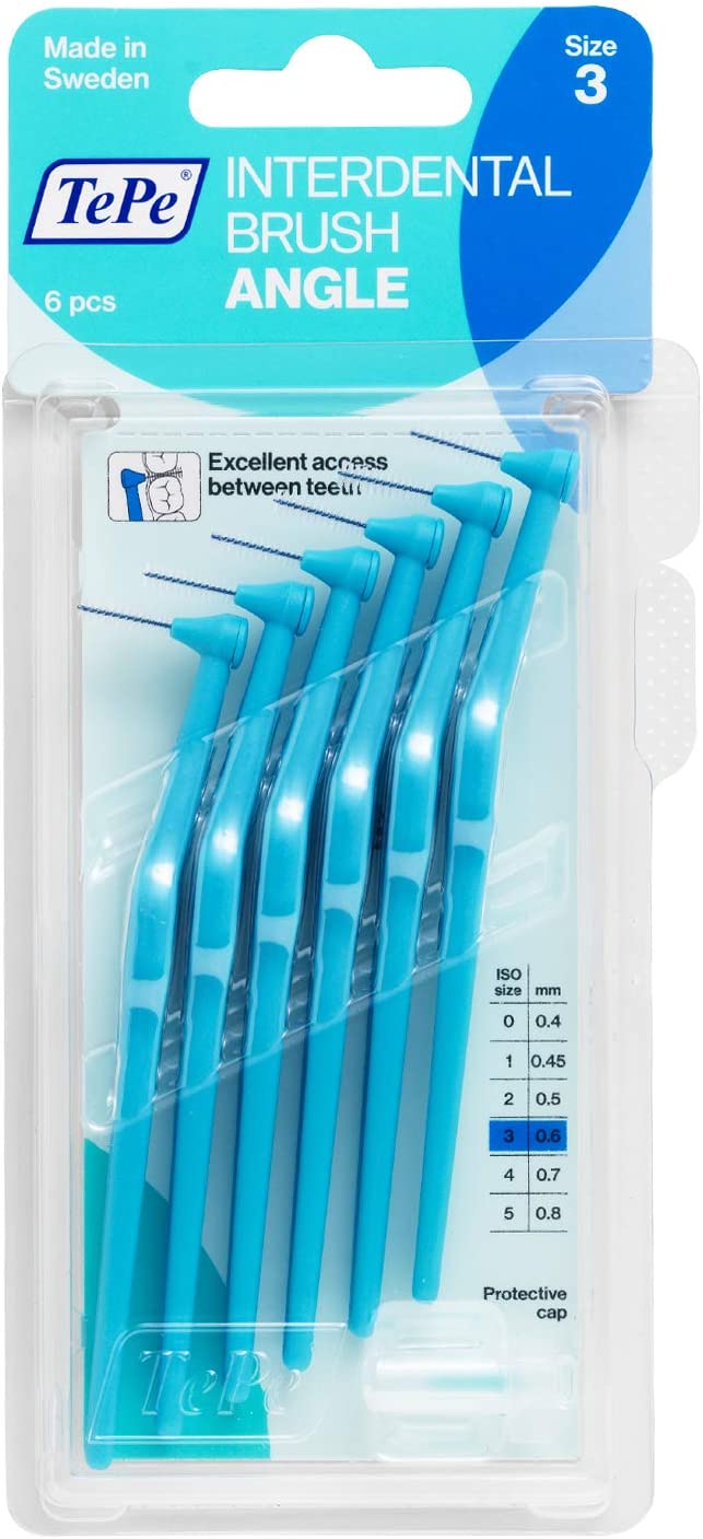 TePe Angle™ Interdental Brushes Every Size Interspace Cleaning With Long Handle Between Teeth Braces Toothbrush 6 Brushes: 0.6mm - Size 3 Blue