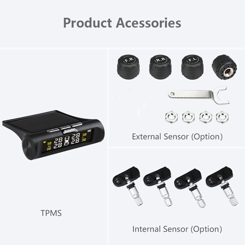 Bildekktrykk alarm overvåkingssystem solcelle trådløs sensor tpms overvåking 4 hjul eksterne/interne dekktrykk sensorer: Ty -02 / Interne sensorer