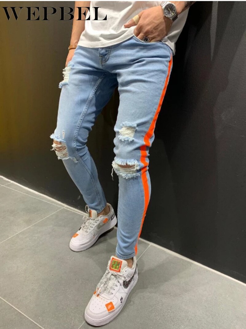 Wepbel herreside rød stribet slim jeans bukser street style hip hop afslappet denim joggers herre bukser plus str.