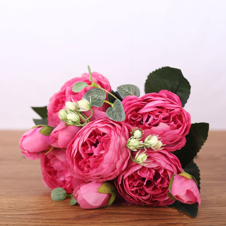 30 cm persisk rose korean buket pæon kunstig blomst 5 stort hoved 4 lille knopp bryllup boligindretning blomst fotografering prop: Rosenrød