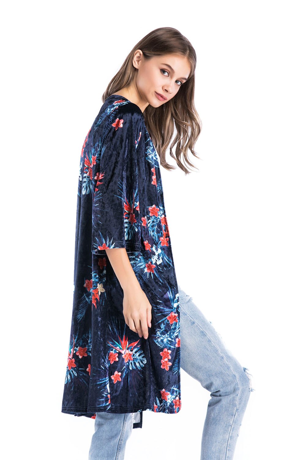 Moderskab bohemen langærmet blomsterprint cardigans afslappet kimono wrap cover up outwear jacquard fløjl