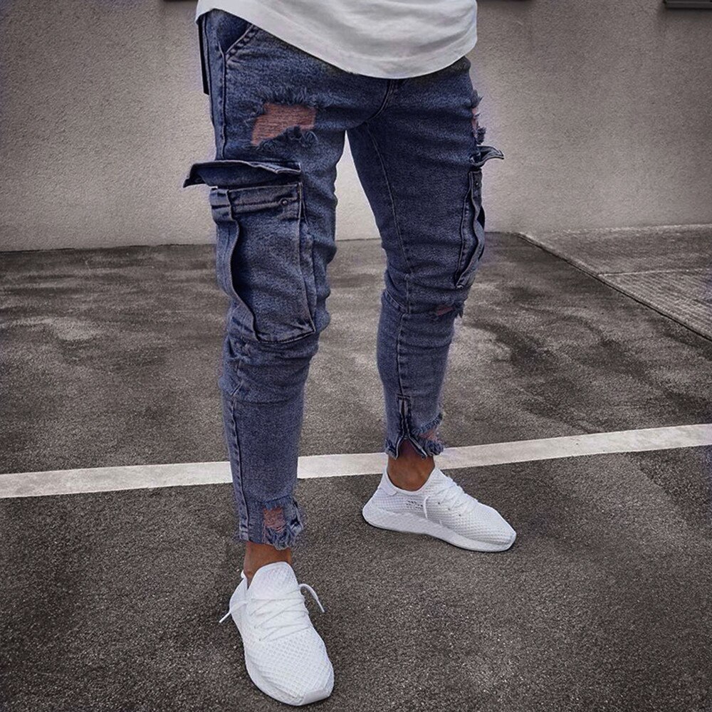 Skinny jeans voor heren stretch denim broek distressed ripped gerafelde slim fit pocket jeans broeken herenkleding