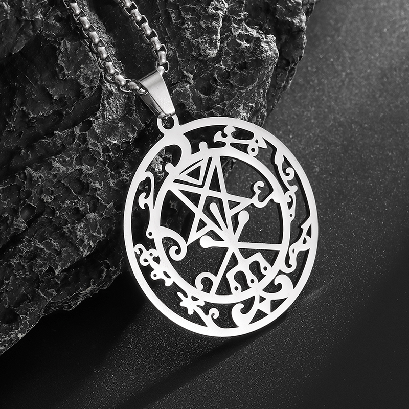 Collar con colgante de pentagrama de brujería misteriosa de acero inoxidable, amuleto de pentagrama con sello de salmón, joyería