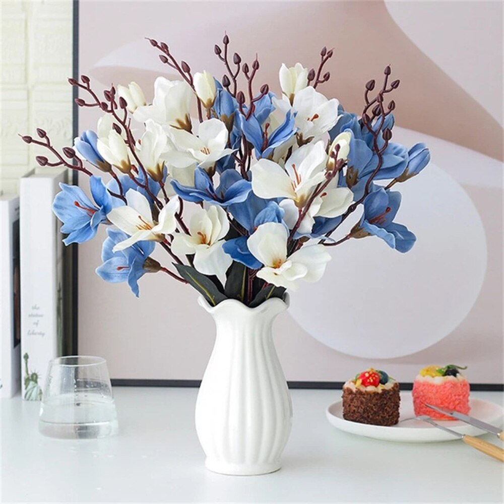 Ramo de flores artificiales de seda, plantas de simulación de Magnolia para decoración del hogar, sala de estar, propuesta de boda, 5 tenedores, 20 cabezas
