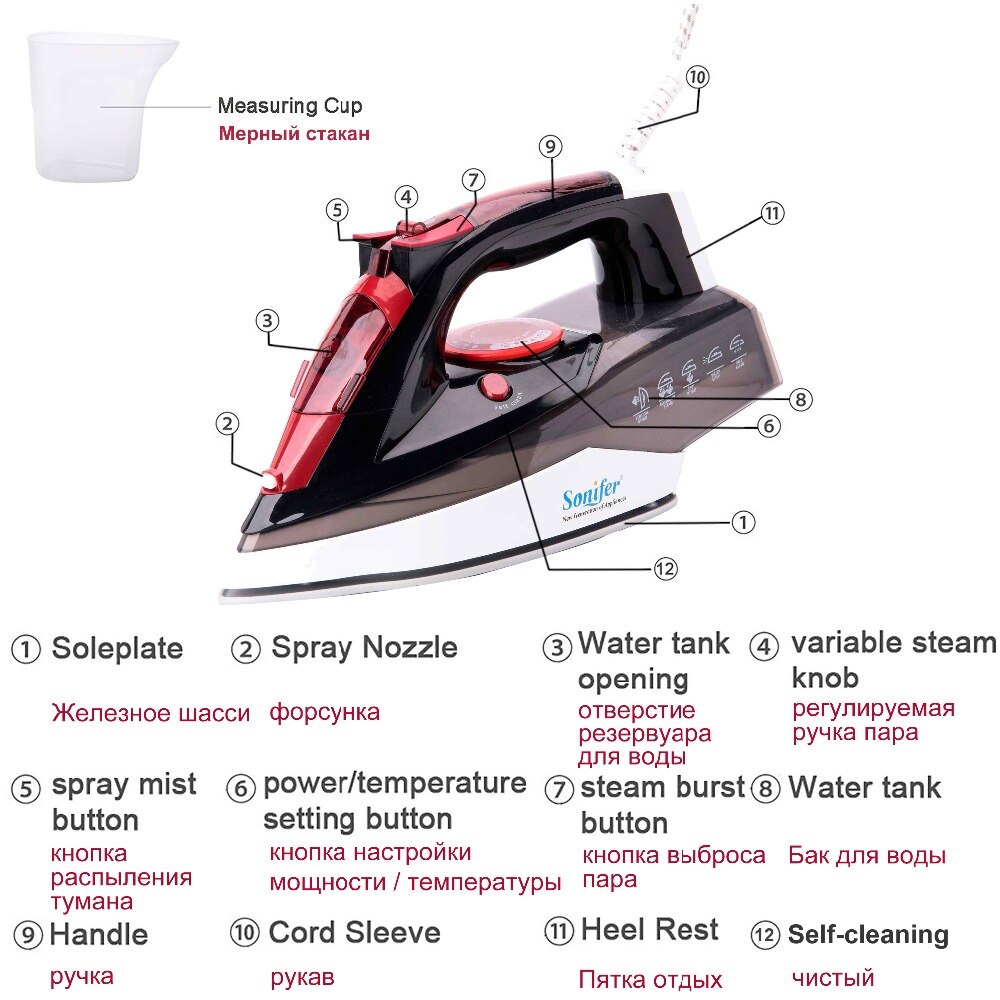 2200W Electric Iron Steam Flatiron For Clothes Multifunction Ceramic Soleplate Laundry Appliances Sonifer