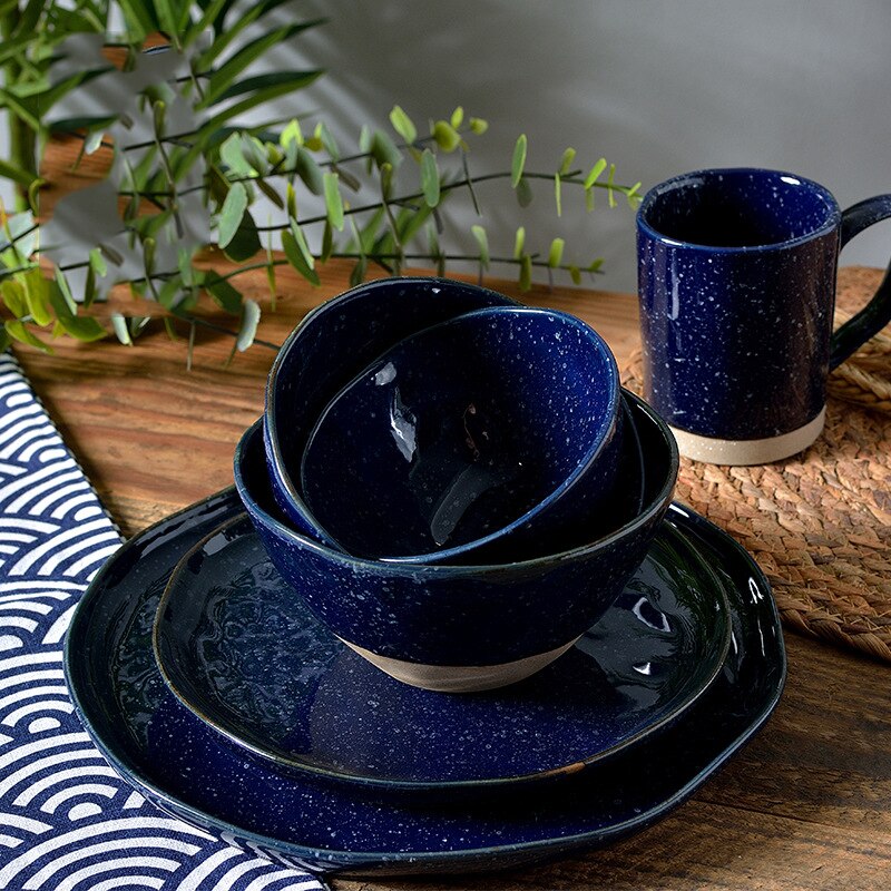 Plato de cerámica de estilo japonés azul oscuro, plato, plato, comida, porcelana, fideos, filete, tazón de sopa, vajilla creativa, plato para el hogar