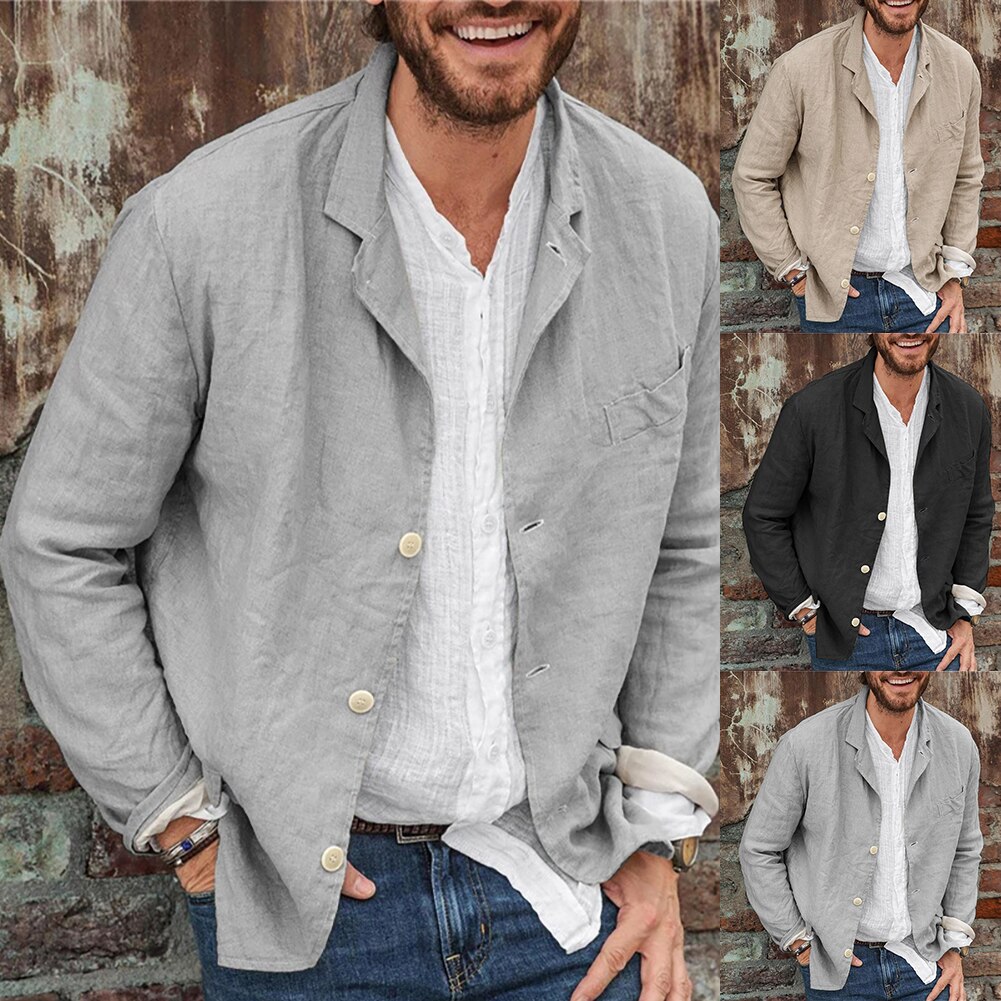Blazer à manches longues en coton et lin pour homme, veste à simple boutonnage, manteau, vêtements
