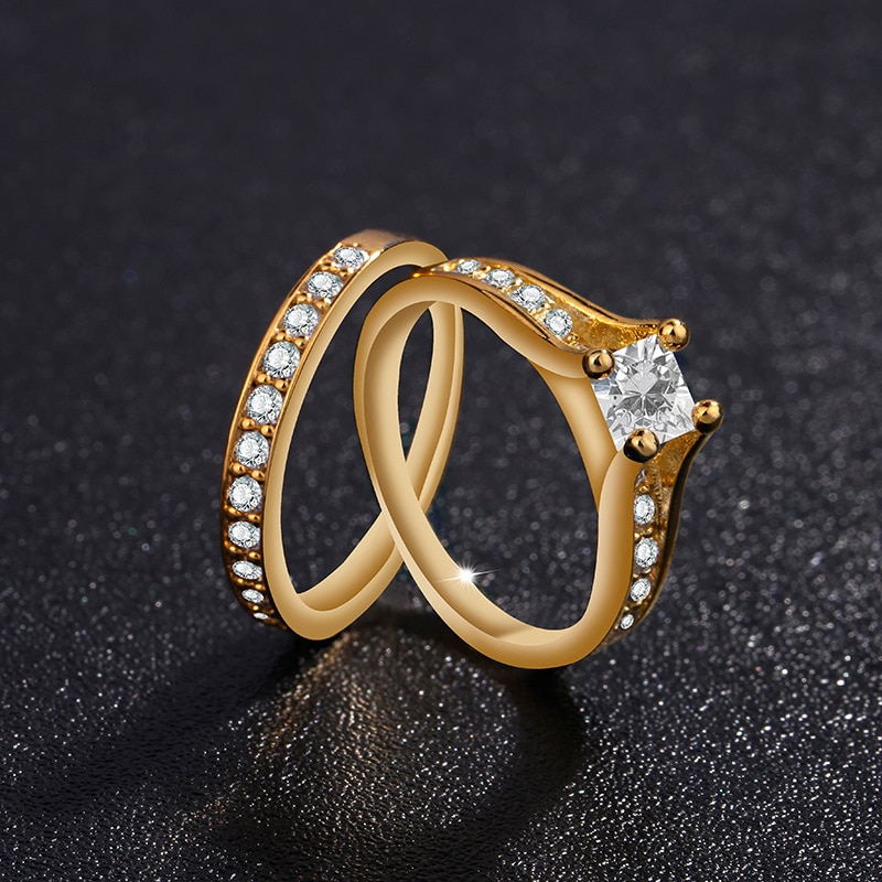 2 PCS Set Zircon 316L Stainless Steel Double Rings For Women Gold Color Crystal Female Engagement Wedding Bridal Finger Rings