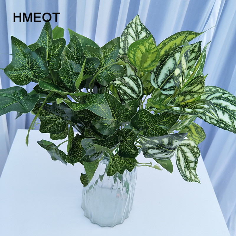 Hmeot 1 pc grønn reddik / hvit flekk / kaldt vann / søtpotet / limte silke kunstige planter, hage hjem dekorasjon grønne planter
