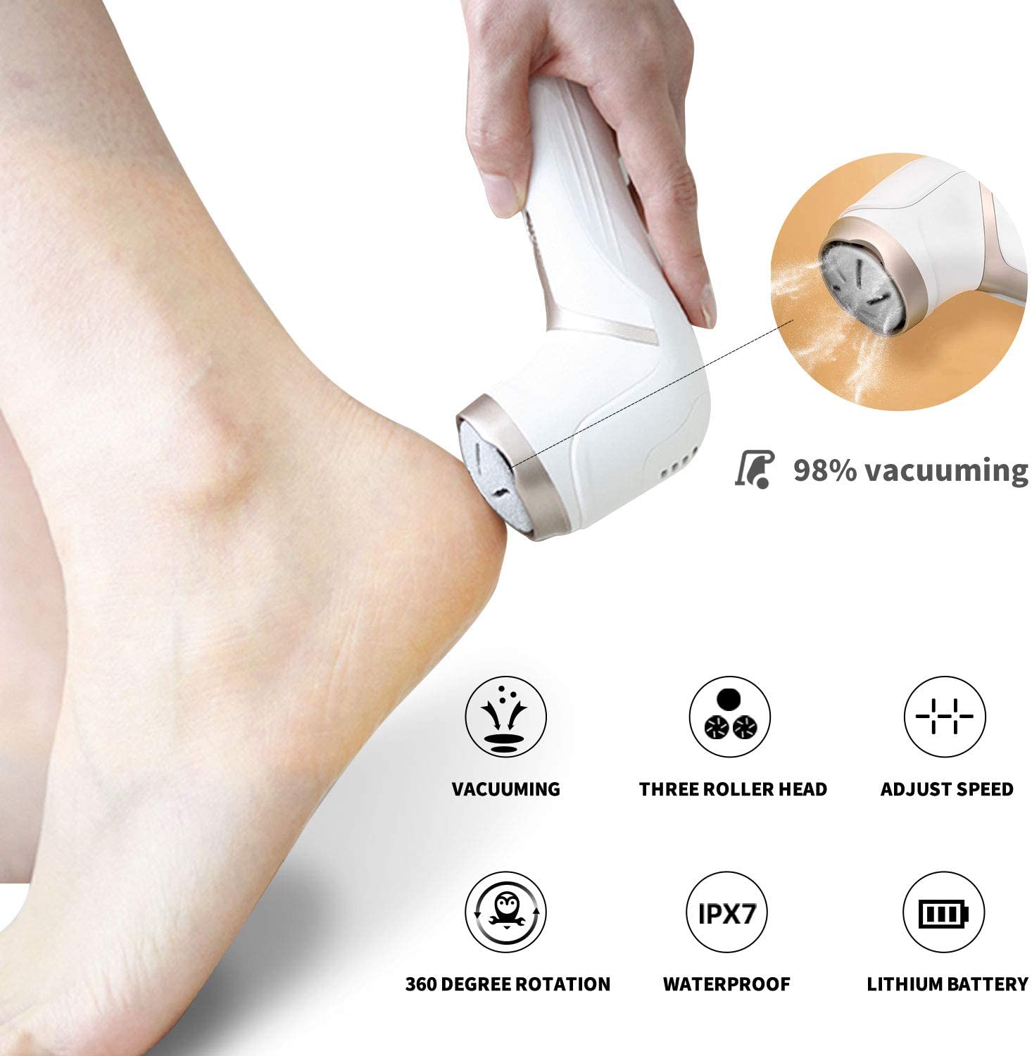 PRITECH Electric Feet Callus Removers Rechargeable Foot File with 3 Grinding Heads Portable Waterproof Feet Care