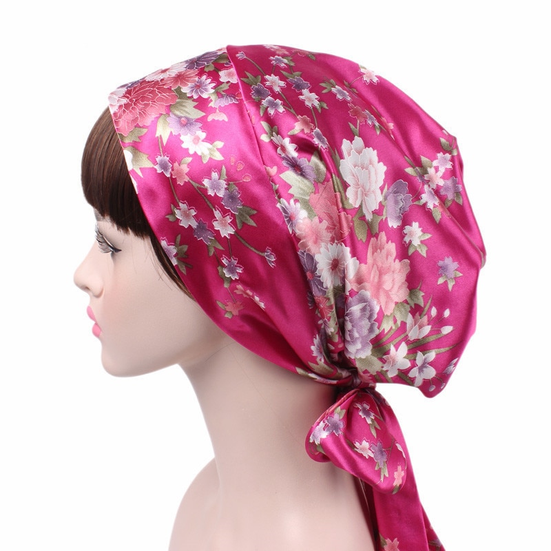 Turbante musulmán de flores de satén suave para mujer, pañuelo para la cabeza, listo para usar hijab, con lazo estampado,