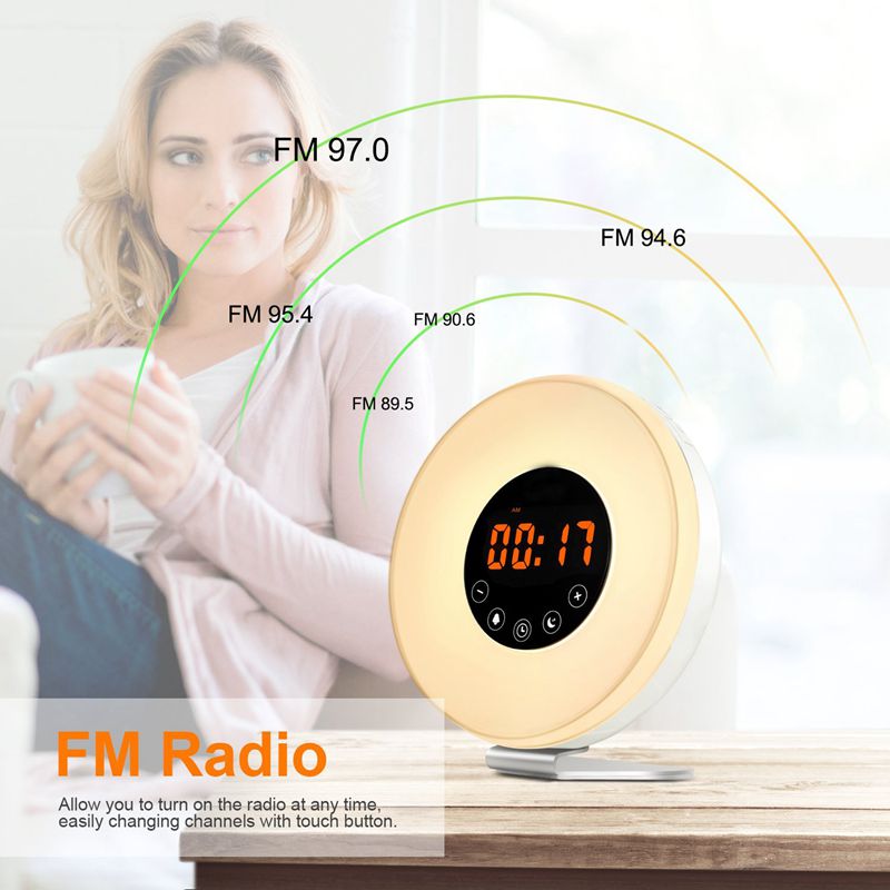 Sunrise Alarm Clock Wake Up Light Digital Clock with 6 Natural Sounds, FM Radio, 7 Color Night Light, Easy Touch Control