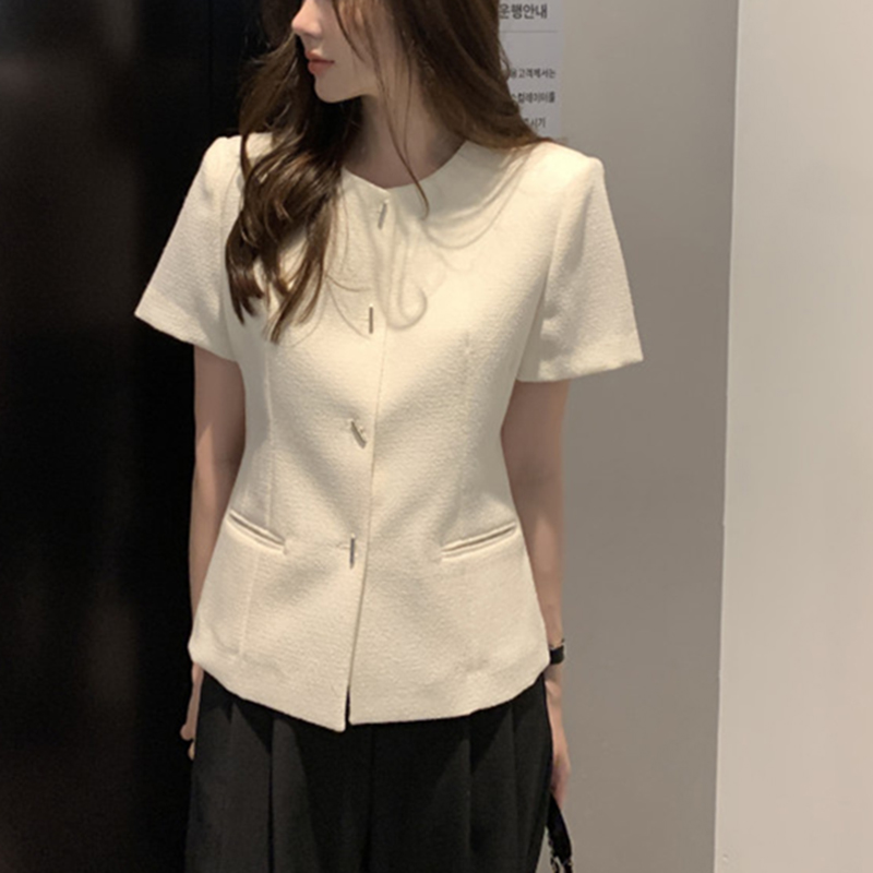 Elegante jas in Franse stijl voor dames Vintage high-end O-hals All-match s zomer afslankende dame met korte mouwen: M
