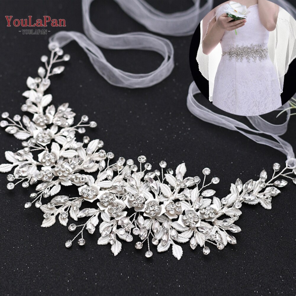 YouLaPan SH349 Wedding Sash Bridal Belts White Ribbon Bridal Sash Rhinestone Bridal Belt Handmade Silver Crystal Wedding Sashes