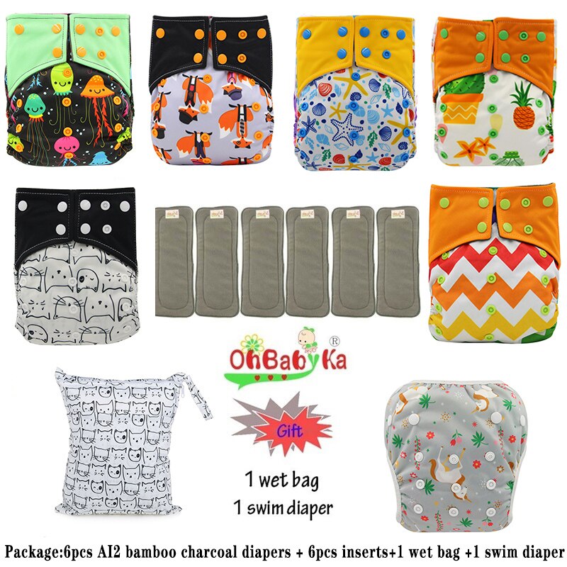 Ohbabyka AI2 wiederverwendbar Tuch Windeln für Mädchen, einstellbare Waschbar Windel 6 stücke + 6 stücke Bambus Holzkohle Einsätze + nass Tasche + Schwimmen Windel: 92