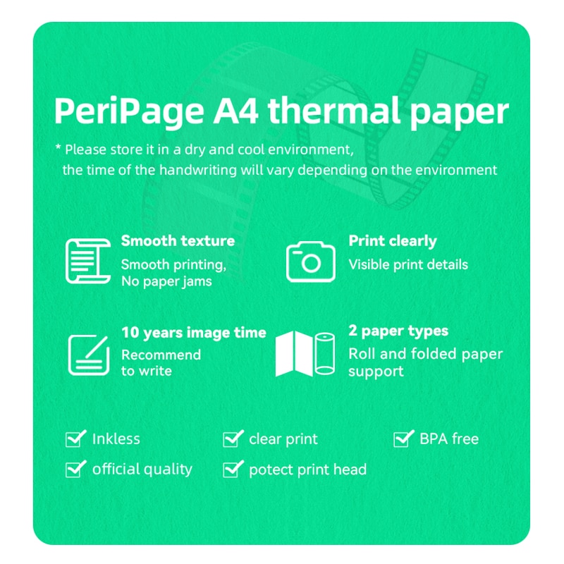 PeriPage A40 Official thermal paper A4 210X30mm /210X297mm Thermal Fax Machine paper 5-10 Years or 2-3Years Paper