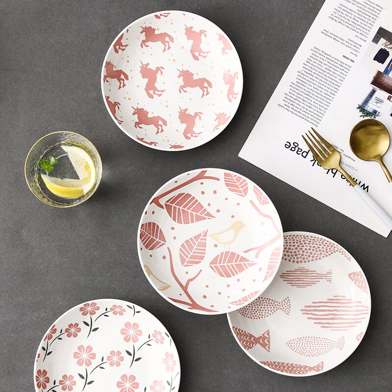 7 inch Ceramic Deep Plate Japanese Style Relief Plat Seramik Steak Dishes Flat Deep Plate Breakfast Dish Household Tableware