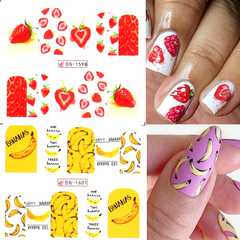 Sommer vand nail art klistermærker frugt med edderkoppe linjer transfer decals kiwi citron avocado manicure skyder bebn 1597-1608-1