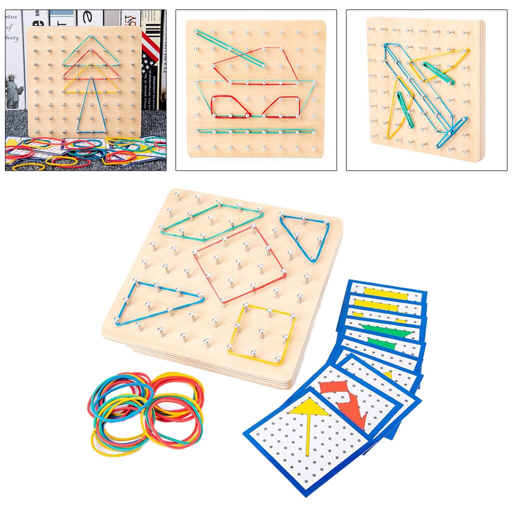Geoboard with 20 Pieces Pattern Wooden Cards And Rubber Strips Shape