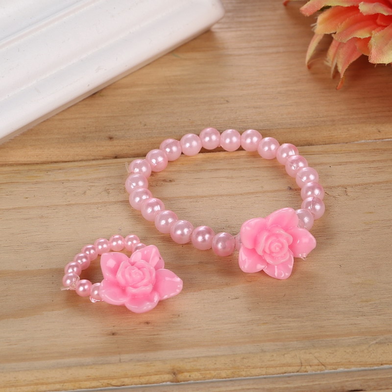 Ensemble de bijoux pour enfants, perle imitation perlée, meilleur bébé Rose fille, fleur Rose, collier, Bracelet, bague