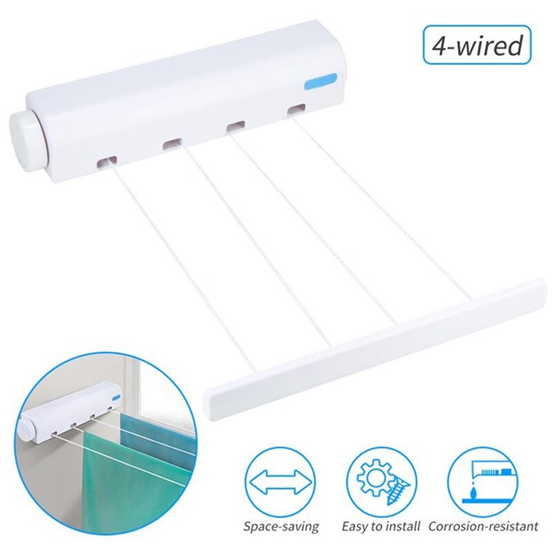 Wall Mounted Hanger Retractable Indoor Clothes Hanger Drying Rack Towel Rack Automatic Telescopic Clothesline Laundry Hanger: 4 lines with hooker