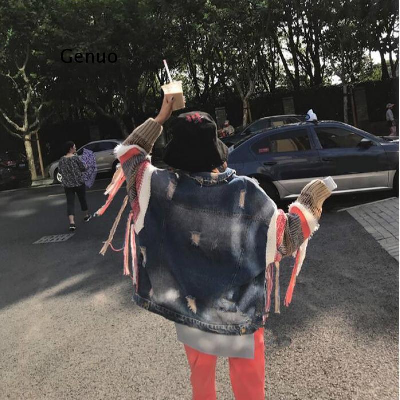 Gestikte denim jas dames koreaanse stijl losse stijl gebreide mouw kwastjes jas herfst winter top femme abrigo mujer