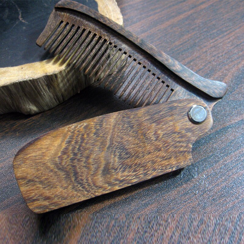 Black Sandalwood Fine Tooth Pocket Folding Comb All Hair Types Beard Mustache Brush