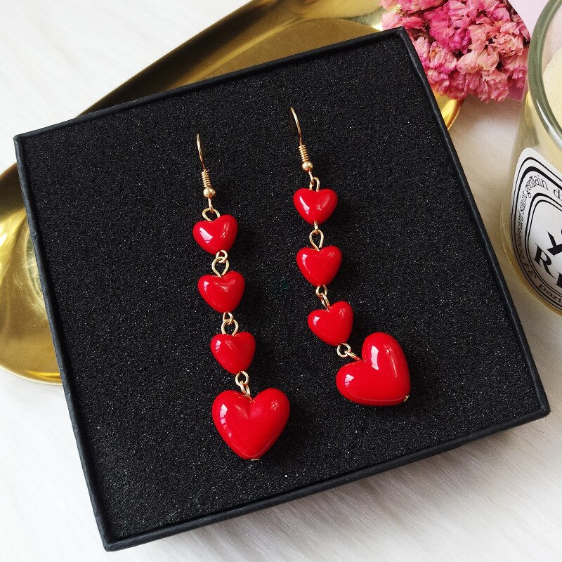 Koreansk stil lange kvast øreringe røde dejlige hjerte øreringe kvinder piger valentinsdag & #39 ;s dag festival fødselsdag år