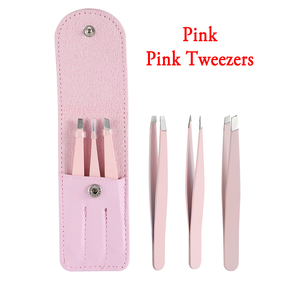 3 Stks/set Wenkbrauw Pincet Rvs Punt Tip/Slant Tip/Flat Tip Ontharing Make-Up Tool Kit Met tas Case: pink