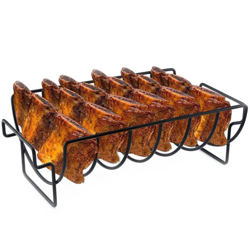 Grill Rib Rack for BBQ, Large Non-Stick Stainless Steel Rib Roast Rack Holder for Grilling to Hold 6 Rib Rack (Black)