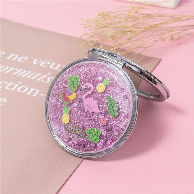 Mini Unicorn Makeup Mirror Compact Pocket Mirror Portable Double-Sided Folding Cosmetic Mirror With flowing sparkling sand: F