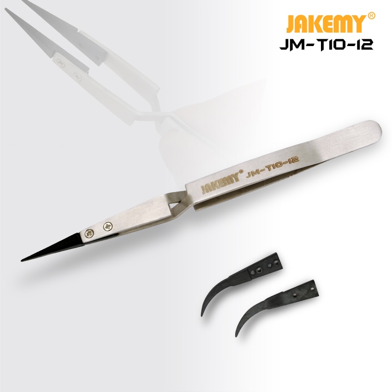 Jakemy JM-T10-12 Rvs Precisie Anti-statische ESD Pincet met Gebogen &amp; Recht Plastic Tip voor Telefoon Reparatie BGA werk