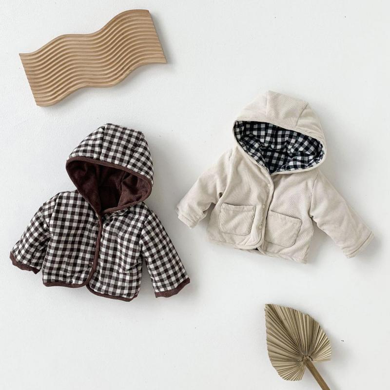 Hiver bébé garçons et filles manteau Plaid épaissi coton velours côtelé manteau enfants Double face décontracté à capuche veste 6M-3T